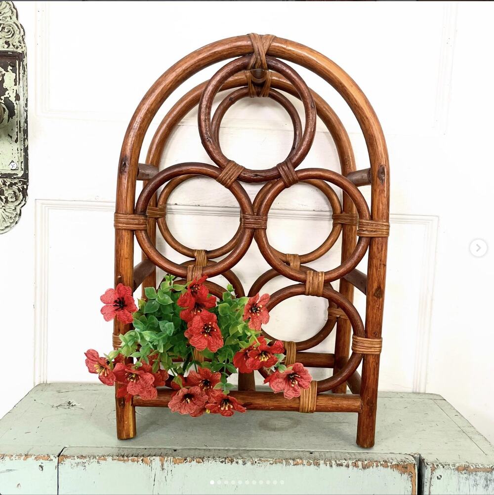 Vintage Arch Bentwood Bamboo Rattan Boho 5 Bottle Wine Rack Cottage Core Granny